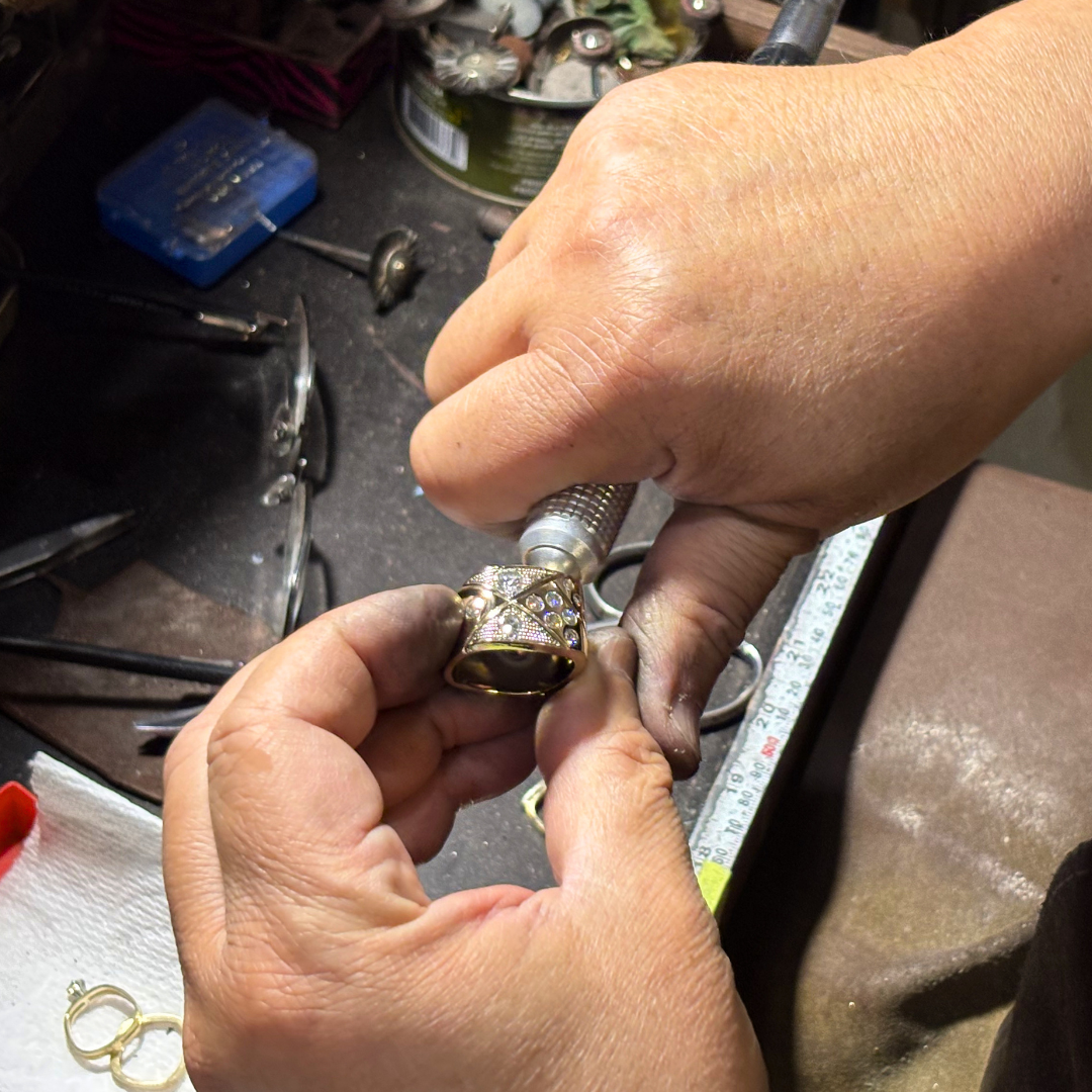 Step 3: Master Goldsmith José Latchinian working at his jewellery bench in the South Surrey studio
