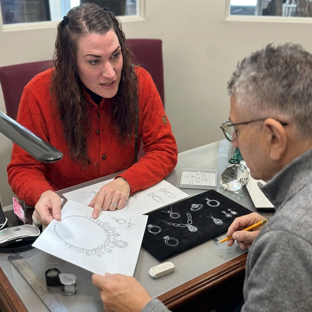 Step 1: José in conversation with a client at the studio, discussing a custom jewellery commission
